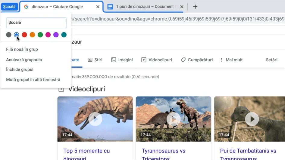 Fereastra browserului Chrome cu o casetă de dialog afișând denumirea unui grup de file
