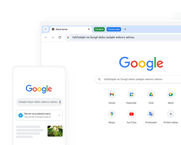 Mobilné zariadenie a počítač, v ktorých je v Chrome zobrazená domovská stránka Google.