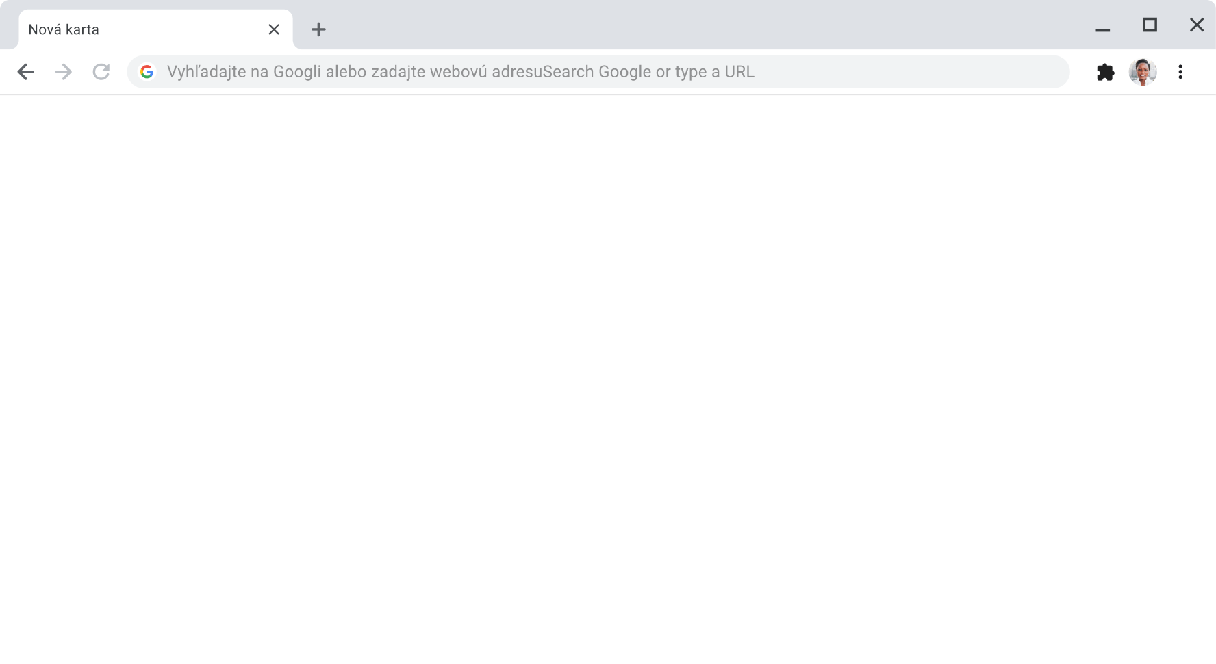 Okno prehliadača Chrome s prázdnym panelom s adresou.