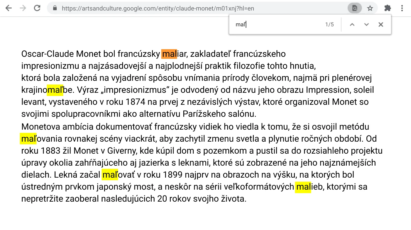 Okno prehliadača Chrome s webovou stránkou s aktívnou funkciou Nájsť.
