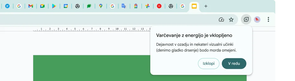 Kazalec je kliknil ikono za varčevanje z energijo, ki pojasnjuje, da so dejavnost v ozadju in nekateri vizualni učinki zaradi varčevanja s prostorom pomnilnikom omejeni.