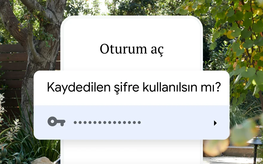 Bir gezi rezervasyonunun oturum açma sayfasında kayıtlı şifrenin kullanılması isteniyor. Arka planda doğa manzarası yer alıyor.