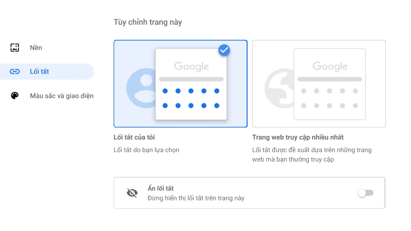 Cửa sổ cài đặt của trình duyệt Chrome hiển thị hộp thoại Lối tắt.