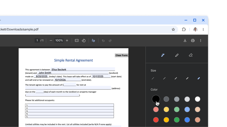 Um PDF aberto no Visualizador de PDF do Chrome com anotações e assinatura feitas à mão.