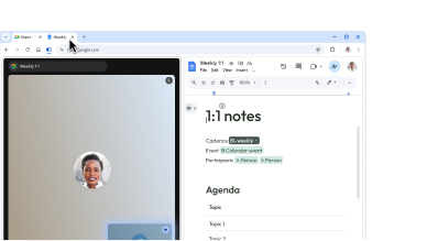 Um utilizador cria uma vista dividida arrastando um separador contra o outro. Isto permite-lhe tomar notas facilmente durante uma chamada do Google Meet.