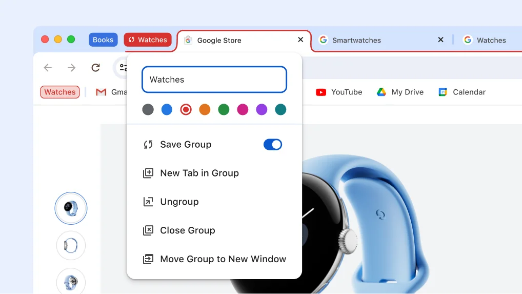 Tab group menu open showing the new save and hide group options