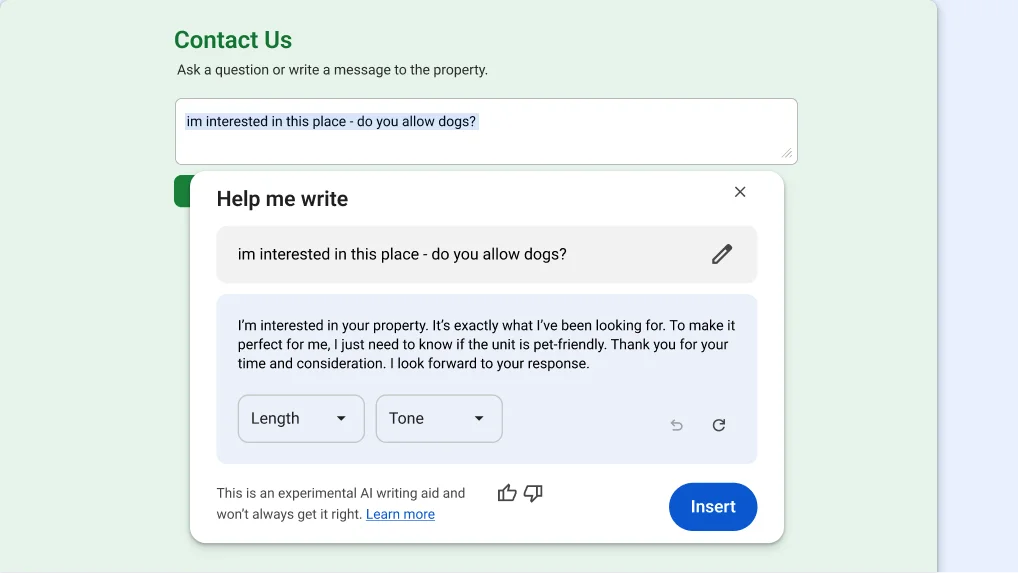 An empty Contact Us text box from a website with the Help me write box opened below it. The Help me write box has a prompt entered in the input field and a generated response below.