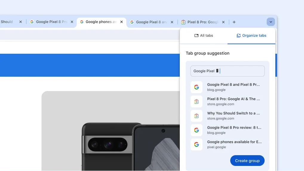 An AI tab group suggestion from Chrome that includes a group name and several tabs.