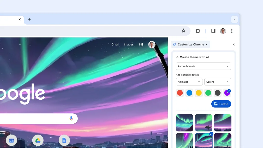 Chrome side panel opened to show Create theme with AI options.