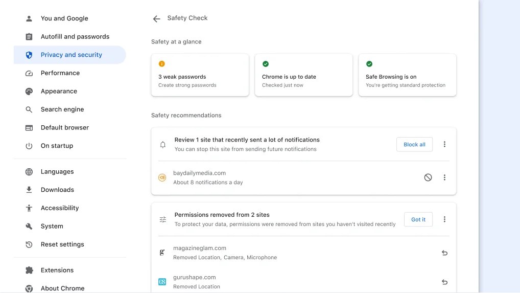 Chrome Safety Check runs in the background to check for privacy and security issues, then displays your safety status and any relevant recommendations to improve your safety.