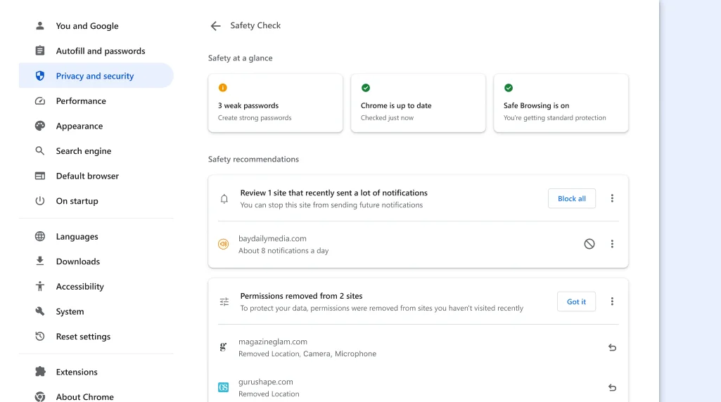 Chrome Safety Check runs in the background to check for privacy and security issues, then displays your safety status and any relevant recommendations to improve your safety.