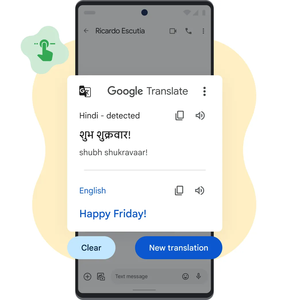 Pixel phone showing Translate's Tap to Translate function with supporting icons and illustrated shapes