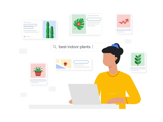 Google で人気の観葉植物について検索している人物のイラスト