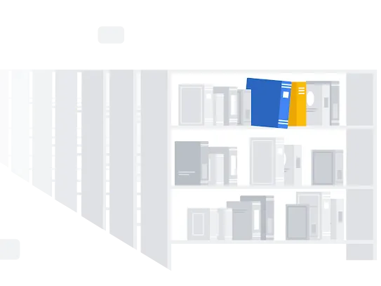 Colorful books highlighted against rows of gray library shelves
