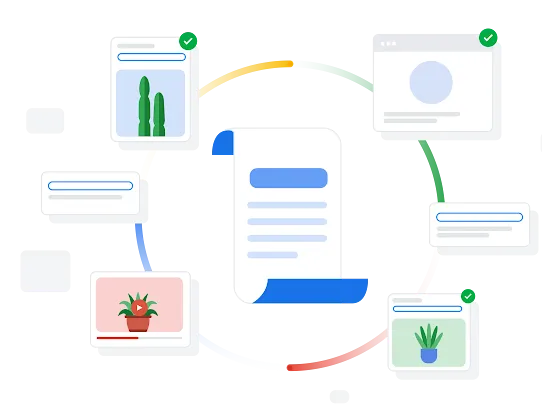 Illustration of Search results circling a long page representing Google's content policies