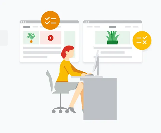 A person sitting at their computer searching for information about house plants